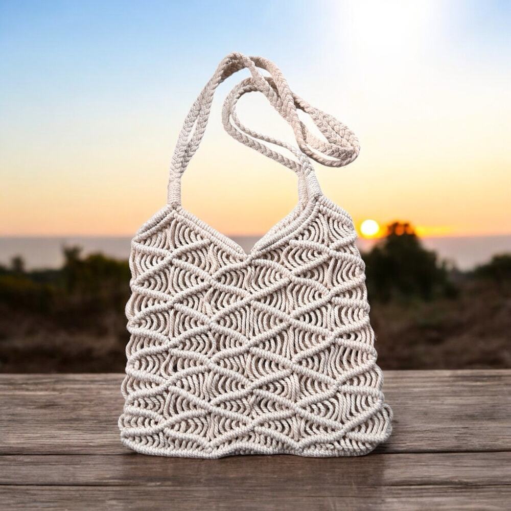 Macramé Purse Bag Handbag Woven Crochet Hippie Boho Cream Beach Handmade Cotton - Picture 1 of 4